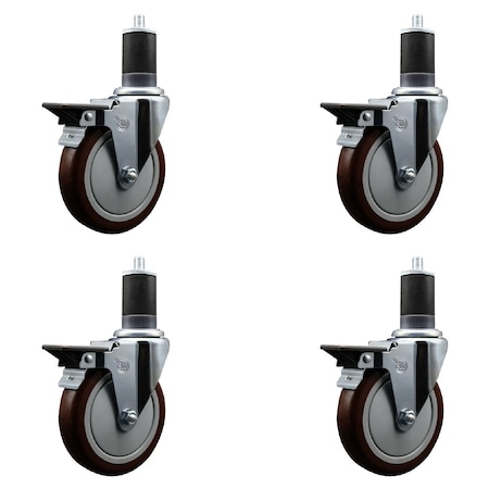 Service Caster 5'' Maroon Poly Swivel 1-5/8'' Expanding Stem Caster Set with Brake, 4PK SCC-EX20S514-PPUB-MRN-PLB-158-4